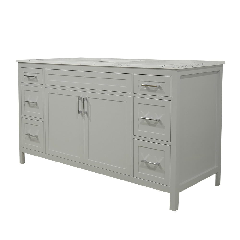 60" wood vanity  single sink  shaker stile in cement gray and quartz top