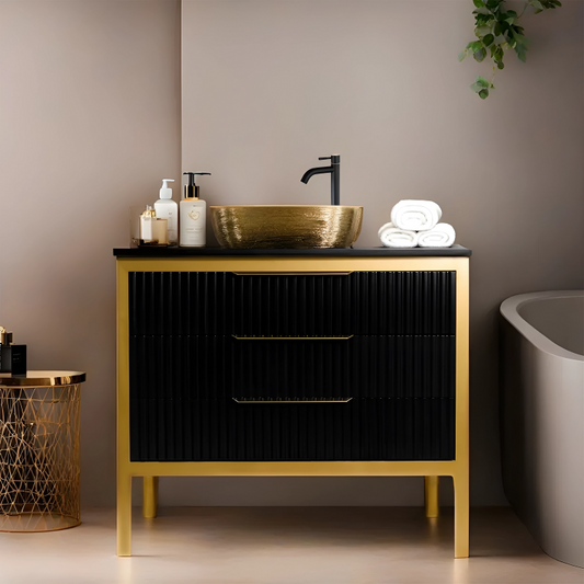 24" Zlata style gold and black bathroom vanity cabinet with Quartz 3 drawers  Made in Canada