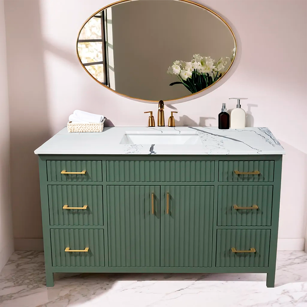 Amalia 48" fluted style Lush color wood vanity with quartz top