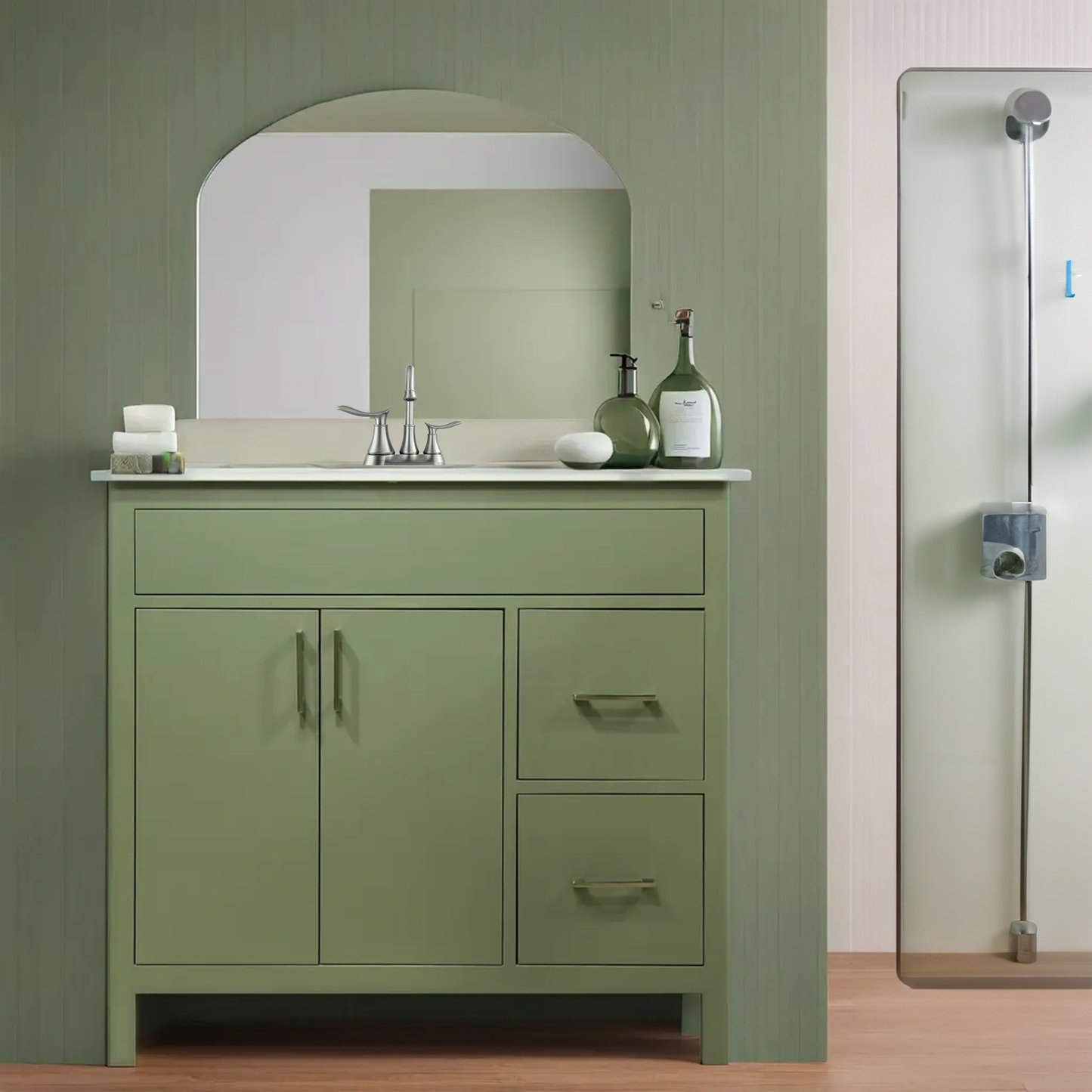 Vanité de salle de bain en bois de couleur luxuriante de style Mirea 36" avec 2 portes et 2 tiroirs du côté droit 