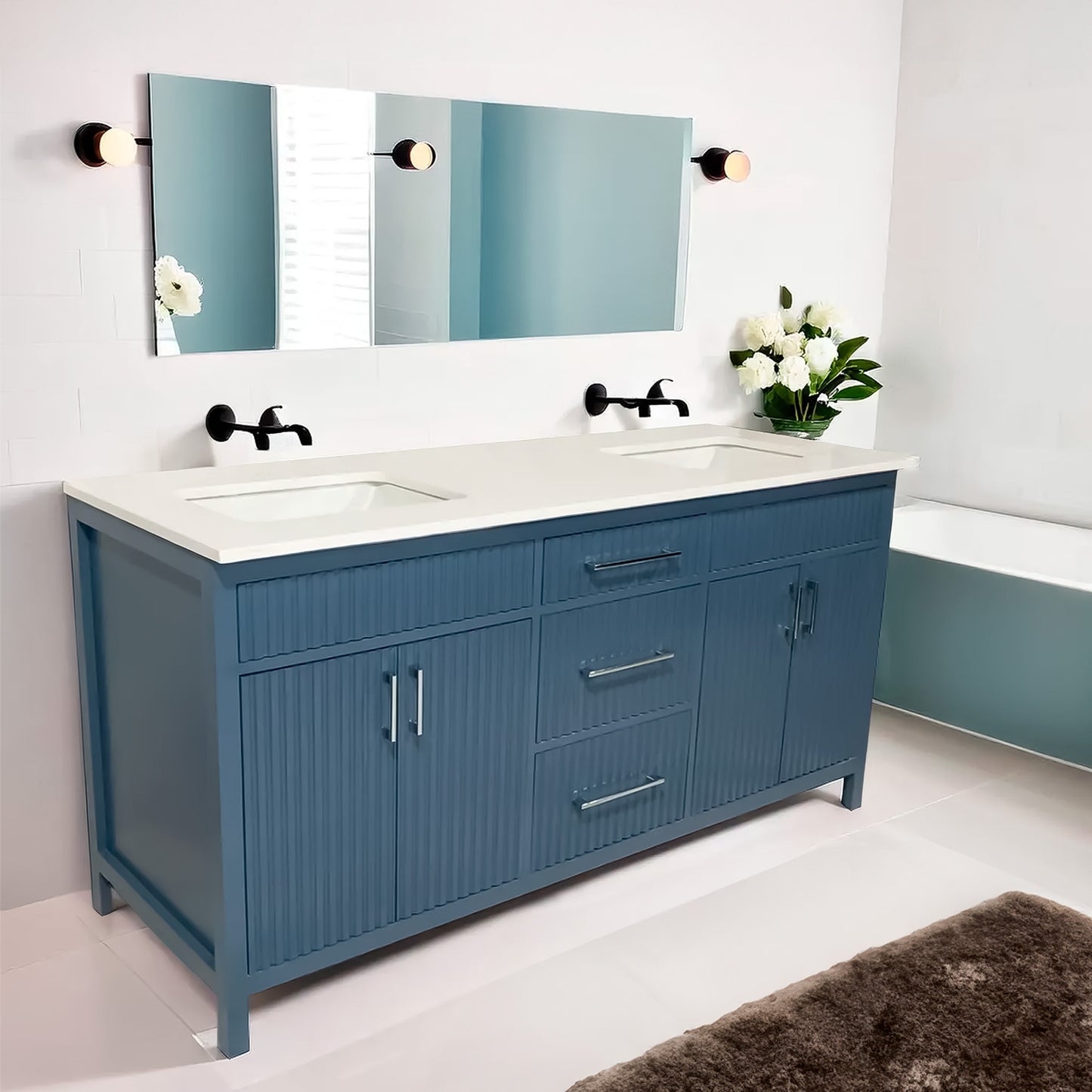 Tammy 66" vanity with quartz double sink in modern fluted style