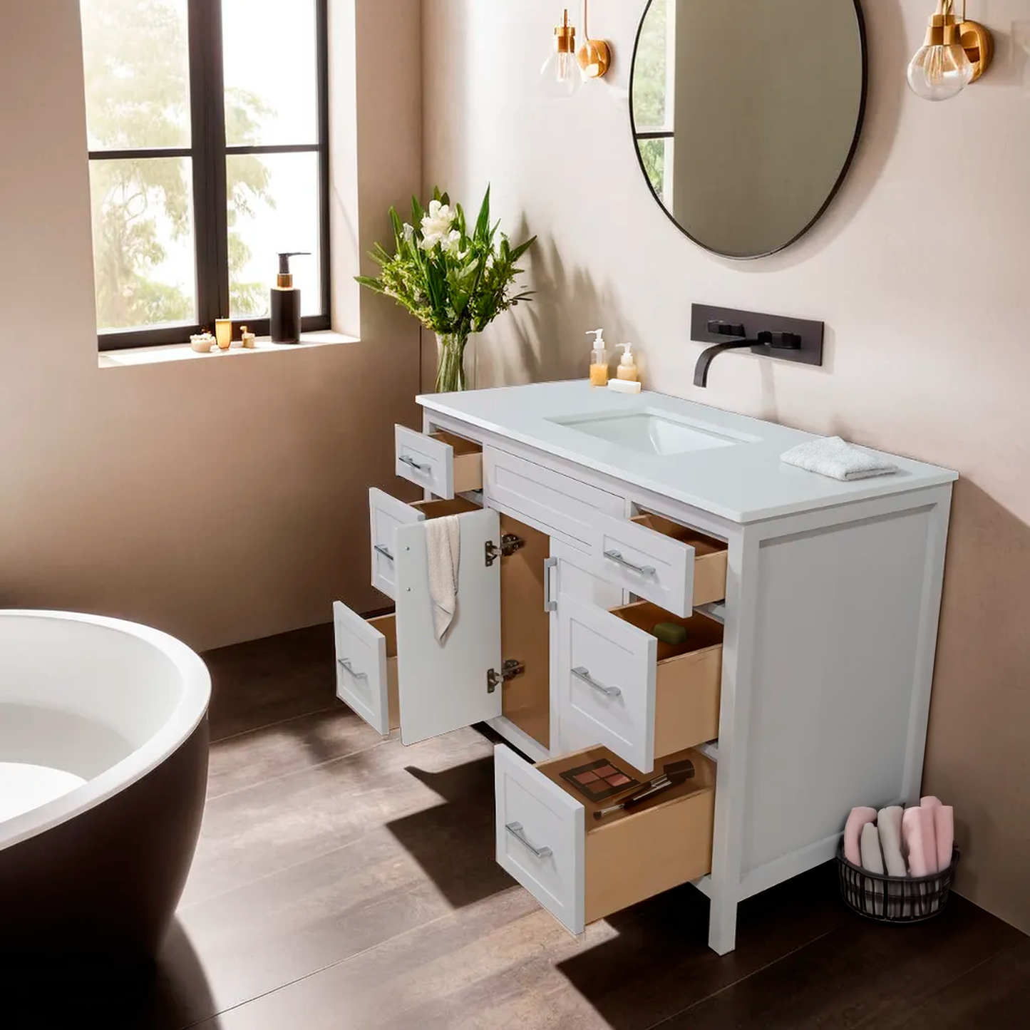 48" Cement gray bathroom vanity with quartz top