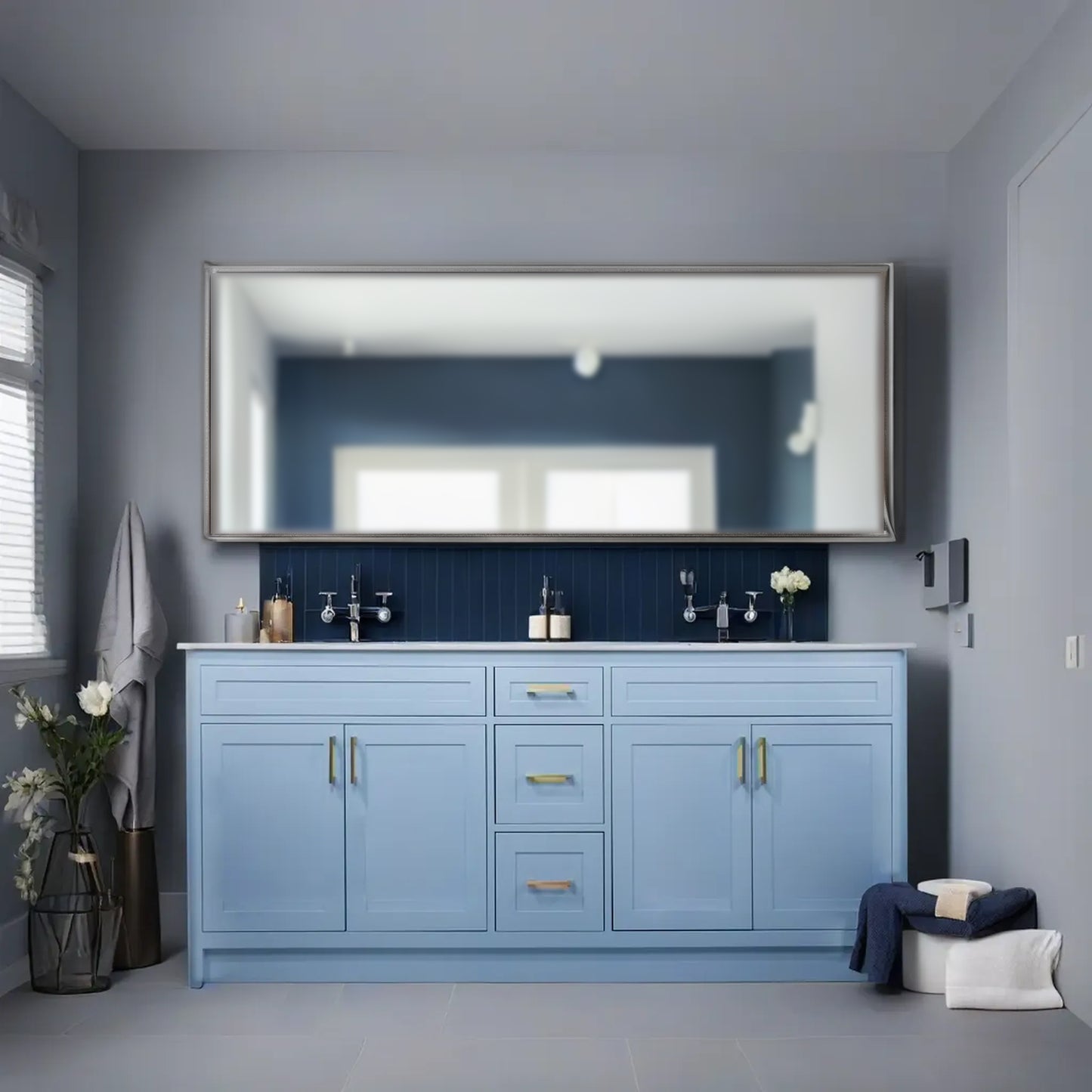 Vanité 72" en bois bleu ciel pour armoire de salle de bain avec dessus en Quartz 