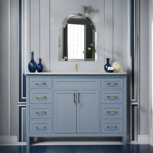 48" wood vanity Laguna  Sky Blue shaker style with 8 drawers and Quartz top with sink