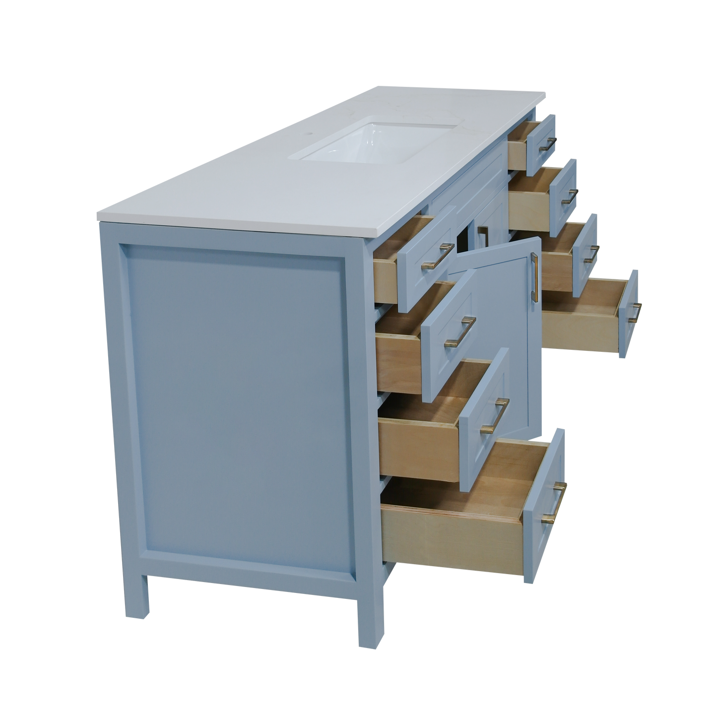 48" wood vanity Laguna  Sky Blue shaker style with 8 drawers and Quartz top with sink