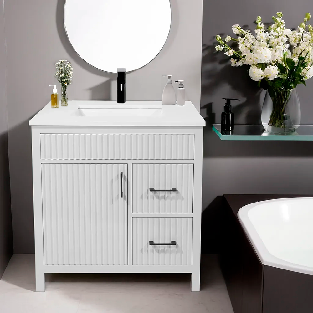 30" Fluted Design Wooden Simply White Vanity with Quartz Top