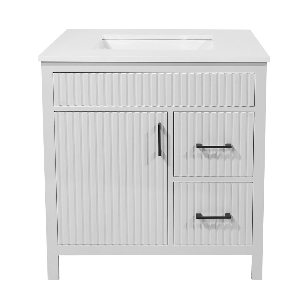 30" Fluted Design Wooden Simply White Vanity with Quartz Top