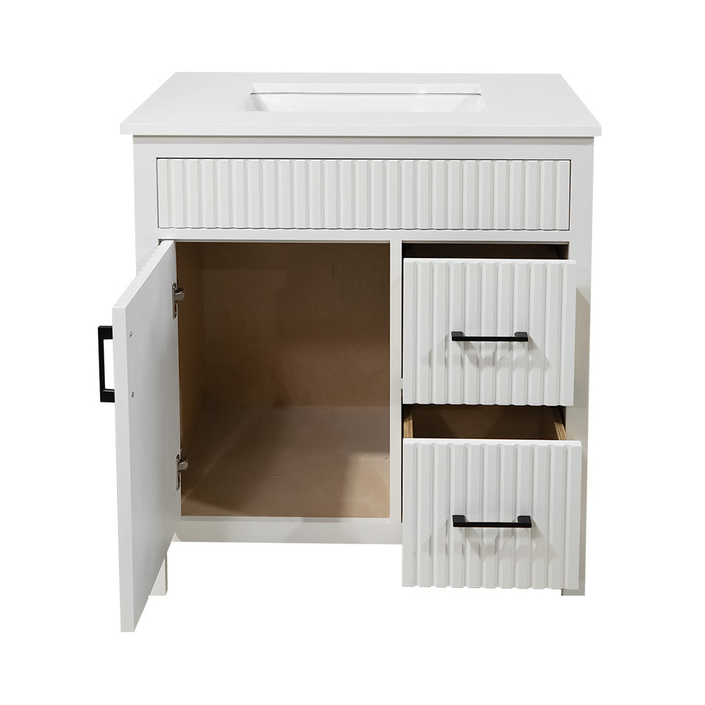 30" Fluted Design Wooden Simply White Vanity with Quartz Top