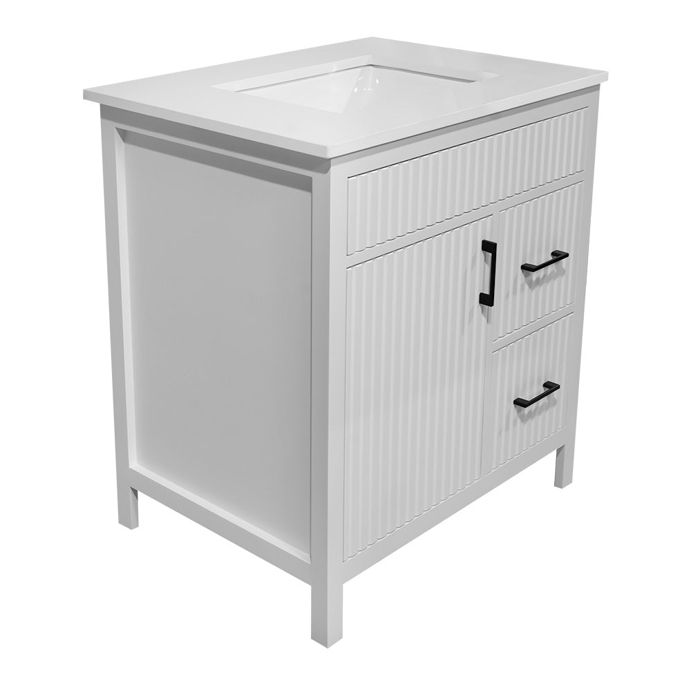 30" Fluted Design Wooden Simply White Vanity with Quartz Top