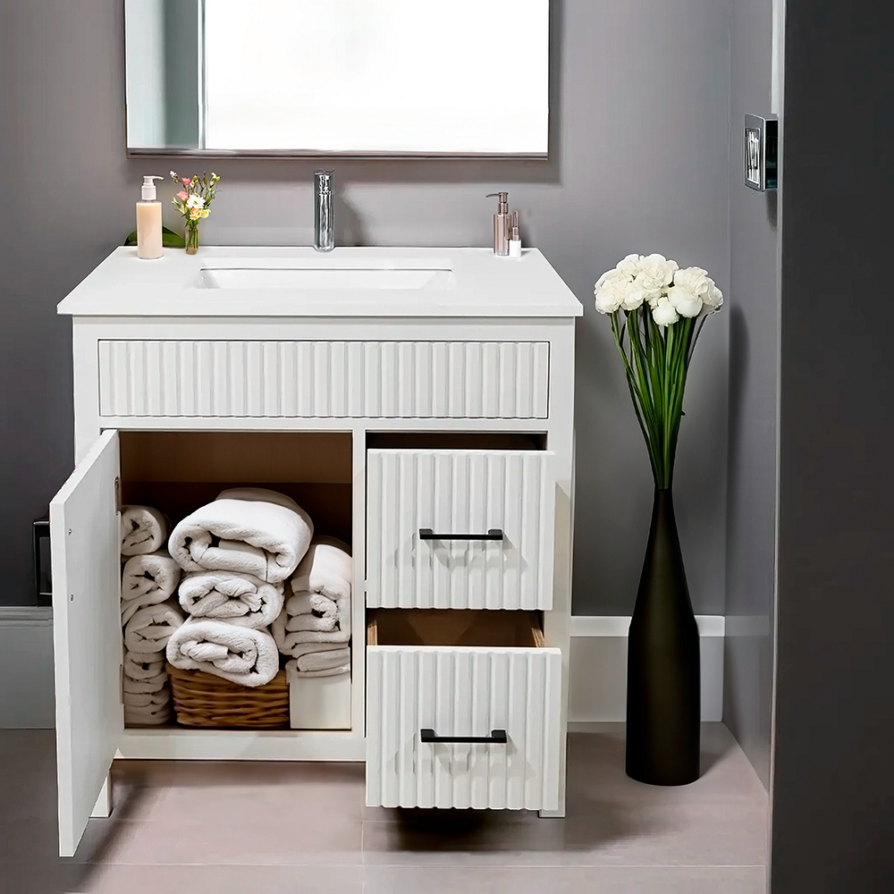 30" Fluted Design Wooden Simply White Vanity with Quartz Top