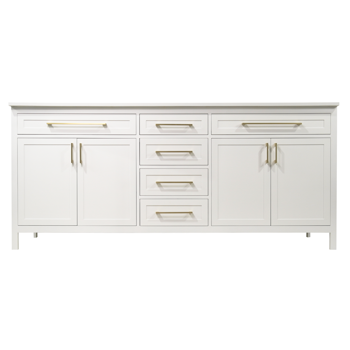 78" white shaker style wood vanity with Quartz top double sink made in Canada