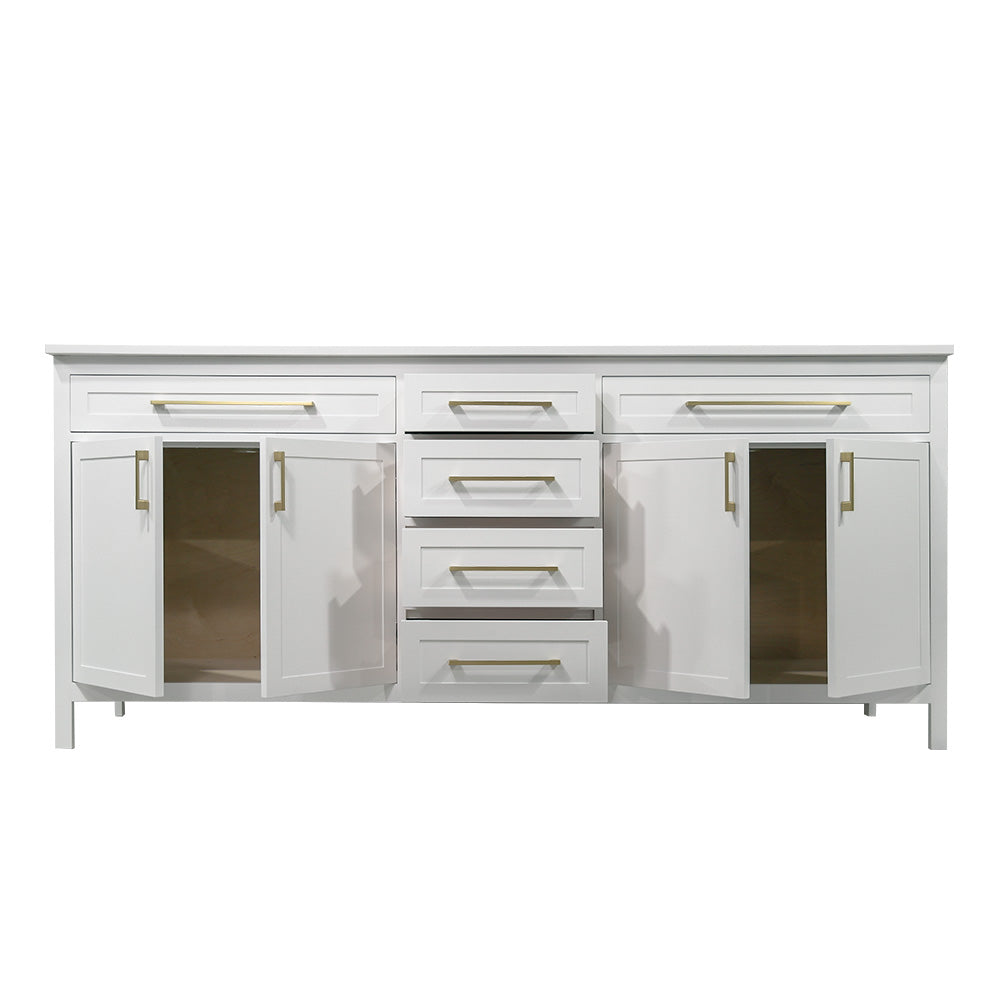 78" white shaker style wood vanity with Quartz top double sink made in Canada