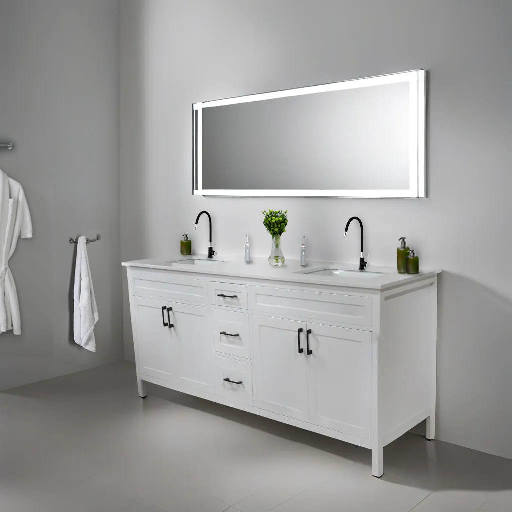 Vanité de salle de bain en bois de couleur blanc neige de 72 pouces avec double lavabo à dessus en quartz 