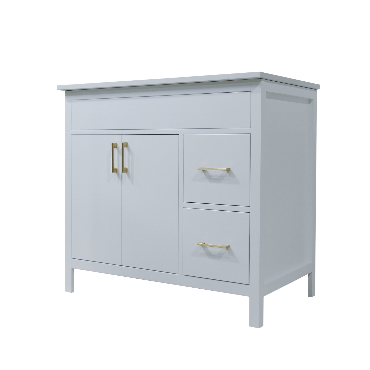 36" Mirea style white wooden vanity with 2 drawers on the right with Quartz
