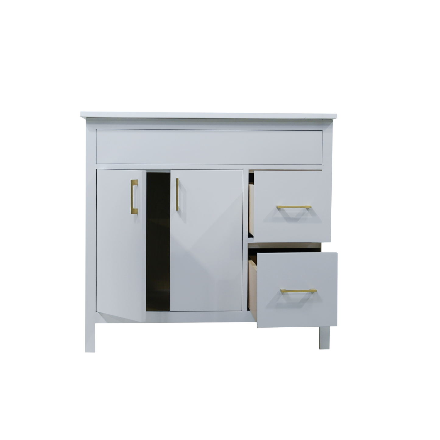 36" Mirea style white wooden vanity with 2 drawers on the right with Quartz