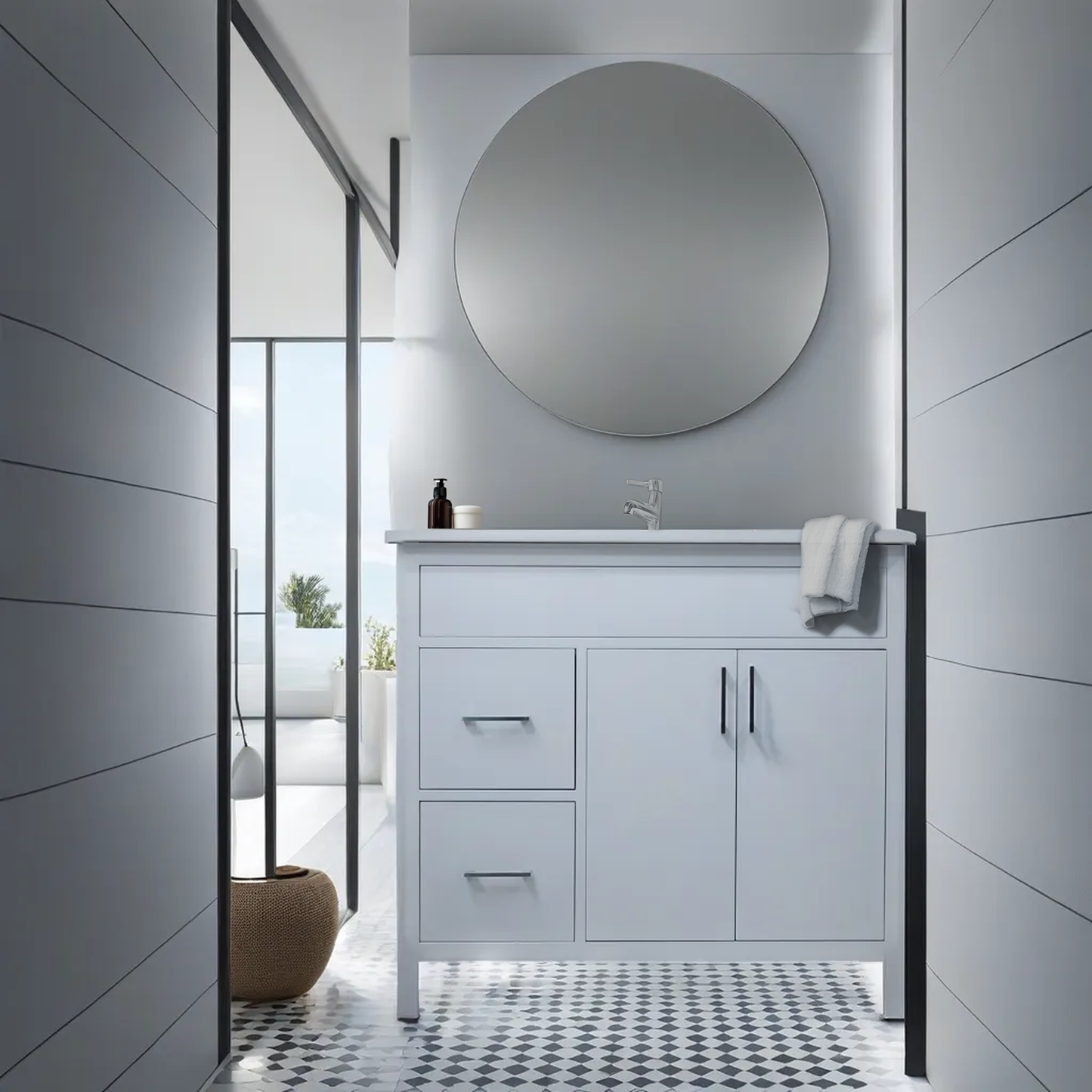Vanité de salle de bain 36" blanche de style Mirea avec dessus en Quartz 