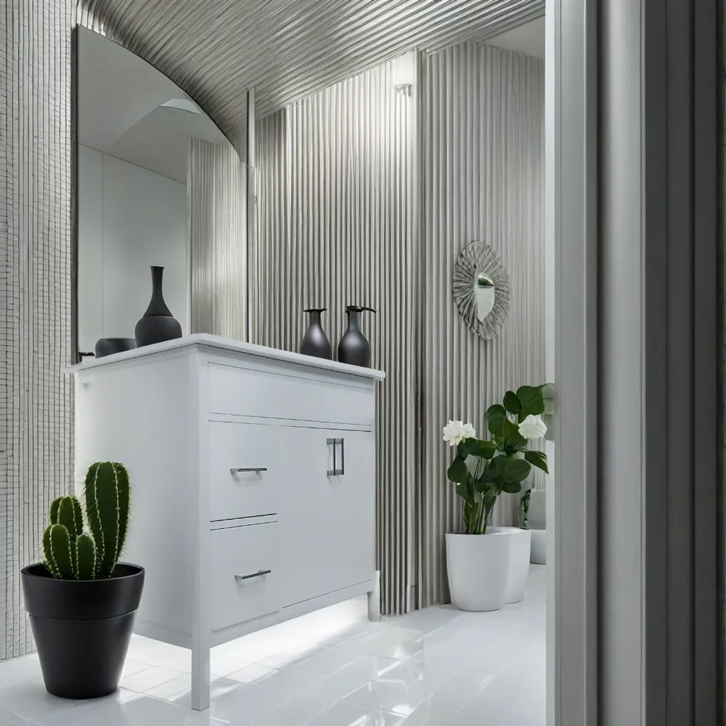 Vanité de salle de bain 36" blanche de style Mirea avec dessus en Quartz 