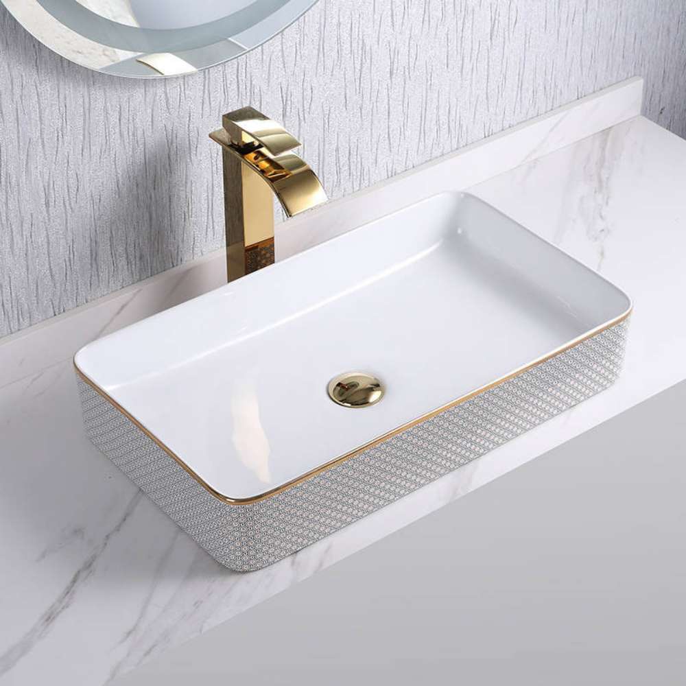 rectangular modern sink with golden print